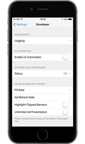 iOS Developer Settings screenshot