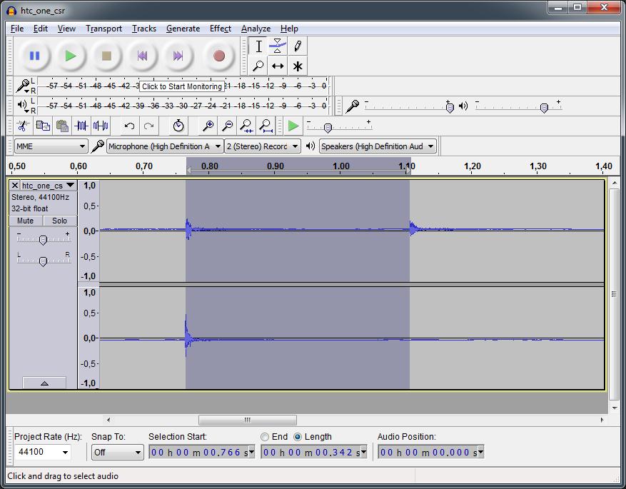 Measuring the distance between two knocks in the audio editing software will give the total latency