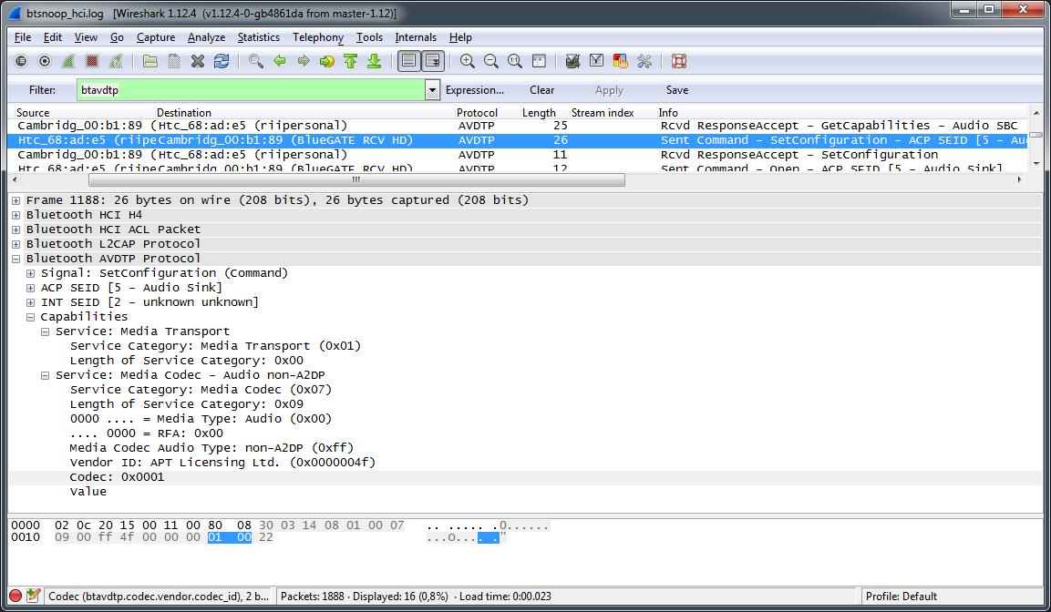 This screenshot shows that aptX codec is selected. But there are no data format details