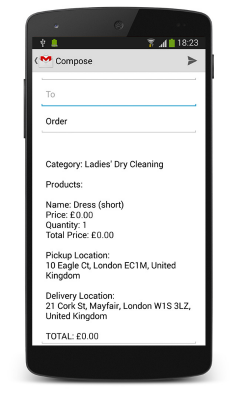 Email generated on checkout Ordering application for dry cleaners