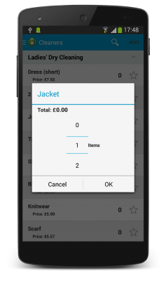 Select quantity. Ordering application for dry cleaners