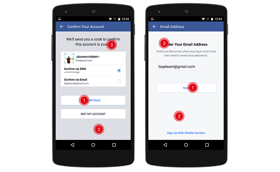 Registration and account confirmation forms. Facebook app for Android