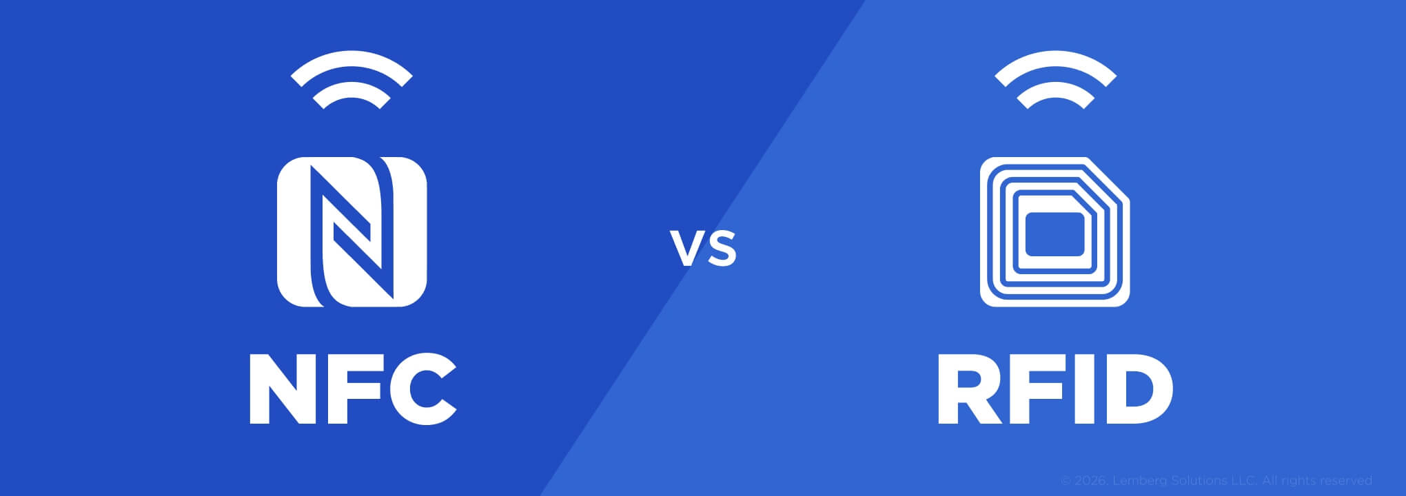 RFID vs NFC for Connected Products: A Technology-Selection Guide - NFC vs RFID: the NFC and RFID icons side by side on a blue background - Lemberg Solutions