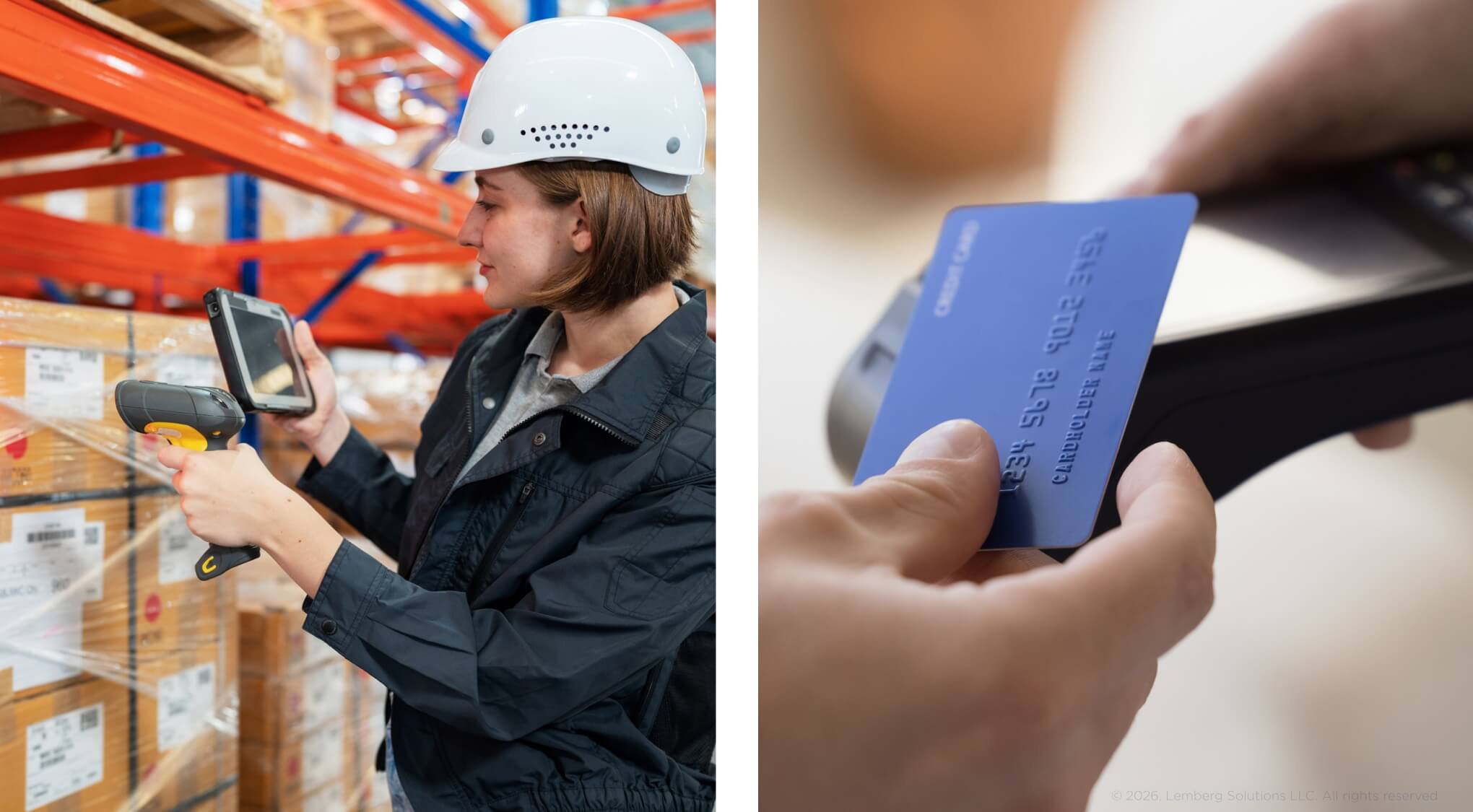 RFID vs NFC for Connected Products: A Technology-Selection Guide - RFID vs NFC: a warehouse worker scanning inventory and a card tapped on a payment terminal - Lemberg Solutions