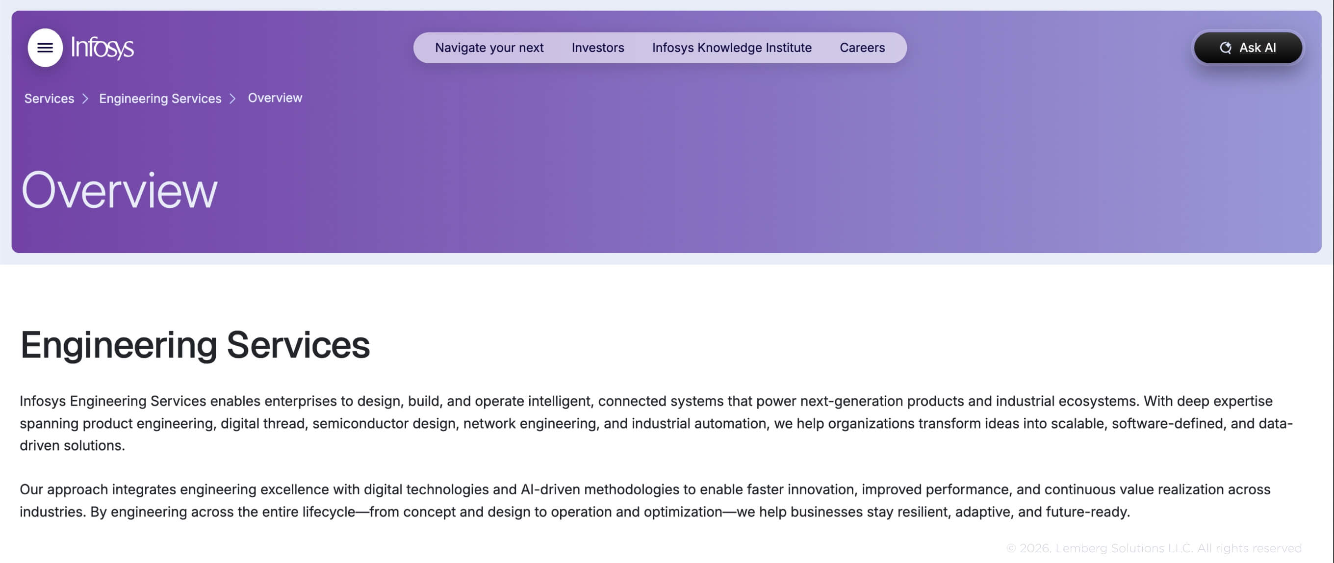 Banner for Infosys, a product engineering page