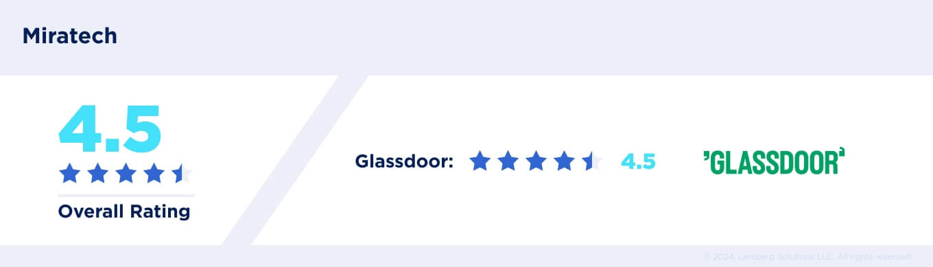 Top 27 IT outsourcing companies - Miratech infographic - Lemberg Solutions Miratech overall rating 4.5 stars, Glassdoor rating