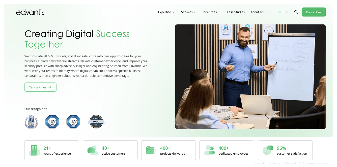 Top software development companies in UK - Edvantis - Lemberg Solutions.png Edvantis' home page